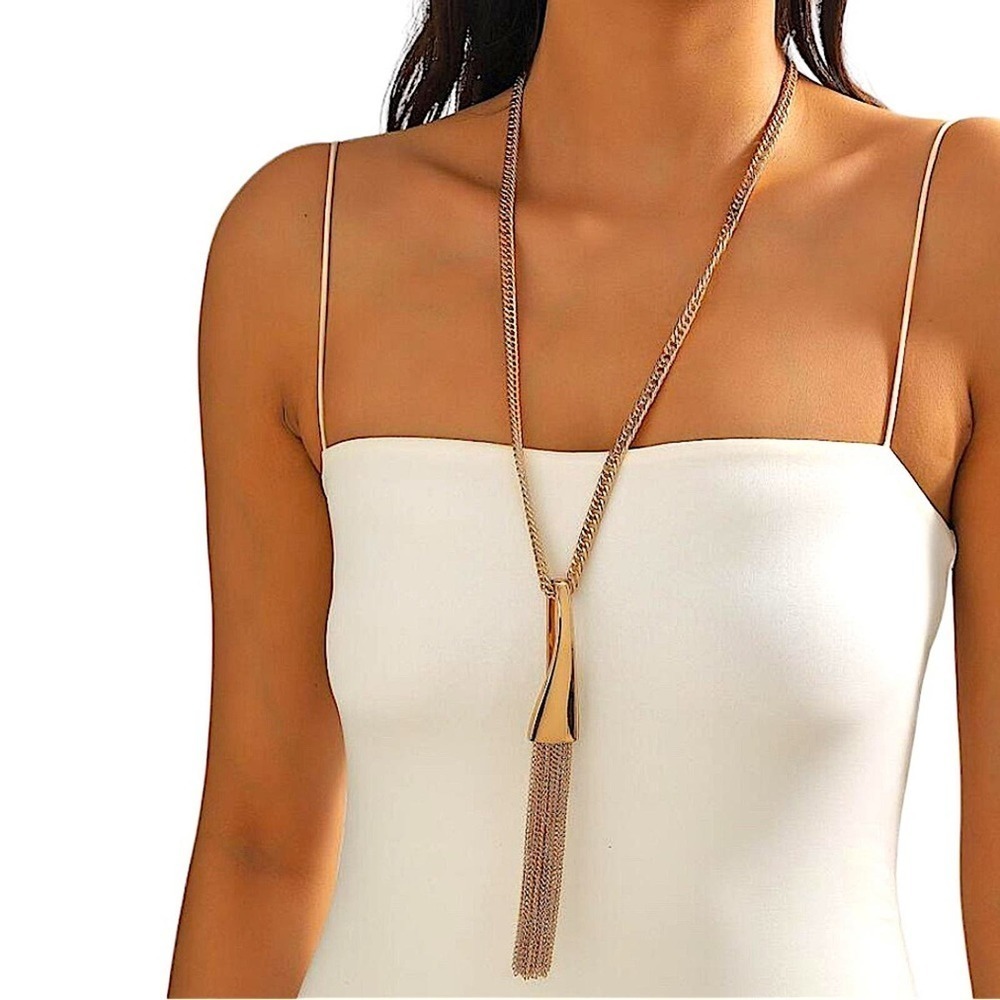 Gold Y Lariat Necklace, Multi-strand, Tassel, Chain Link Statement, Boho